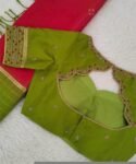Hand Embroidered Green Silk Saree Blouse: Zardosi Maggam Work