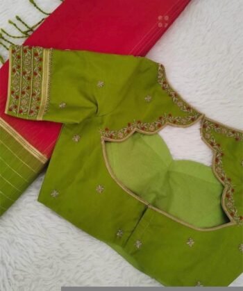 Hand Embroidered Green Silk Saree Blouse: Zardosi Maggam Work