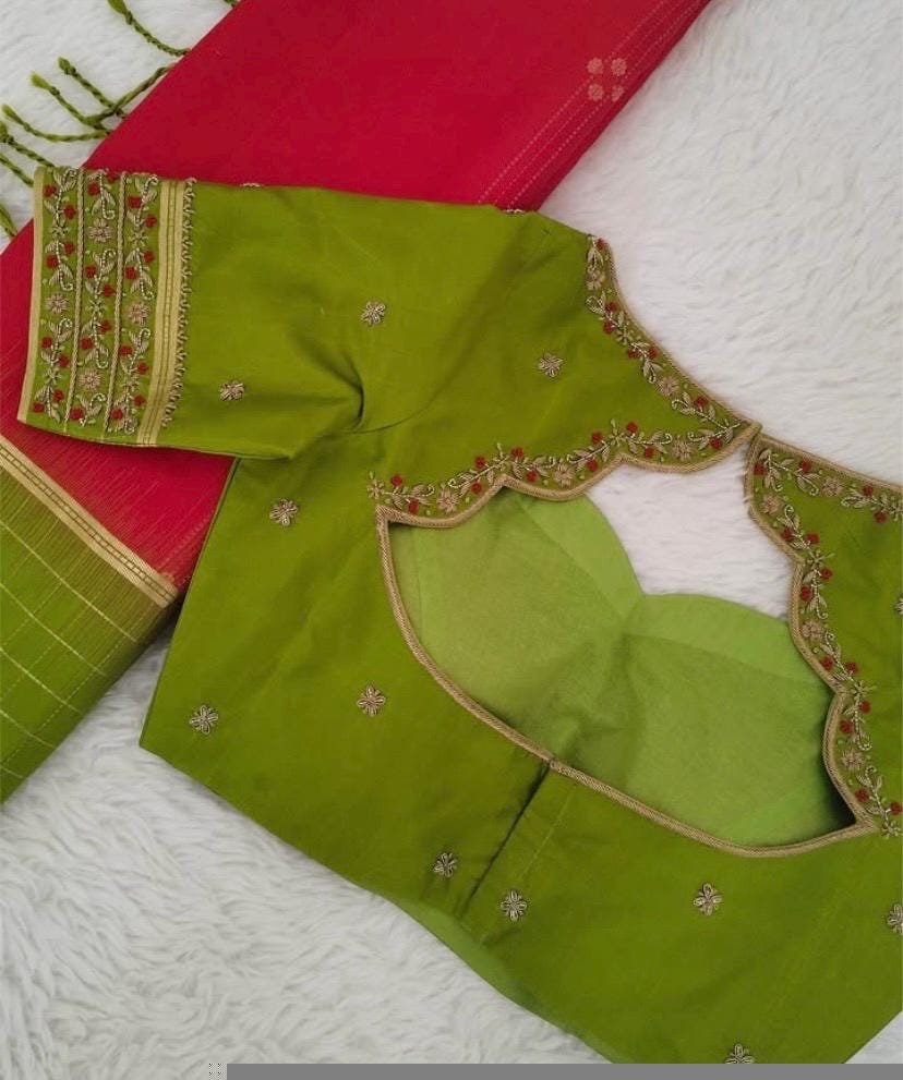 Hand Embroidered Green Silk Saree Blouse: Zardosi Maggam Work