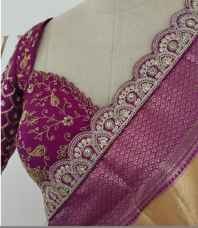 Pure Silk Hand Embroidered Blouse: Magenta Pink Zardosi Maggam