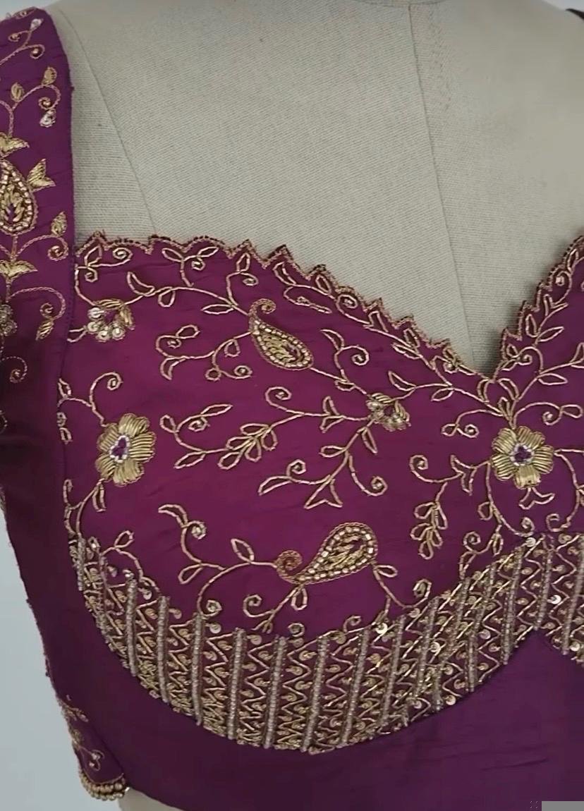 Pure Silk Hand Embroidered Blouse: Magenta Pink Zardosi Maggam