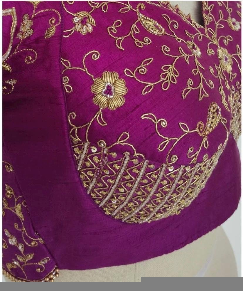 Pure Silk Hand Embroidered Blouse: Magenta Pink Zardosi Maggam