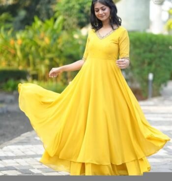 Hand Embroidered Lemon Yellow Anarkali Suit: Georgette Indian Dress,Indian dress,haldi outfit,hand embroidered anarkali dress,yellow kurta