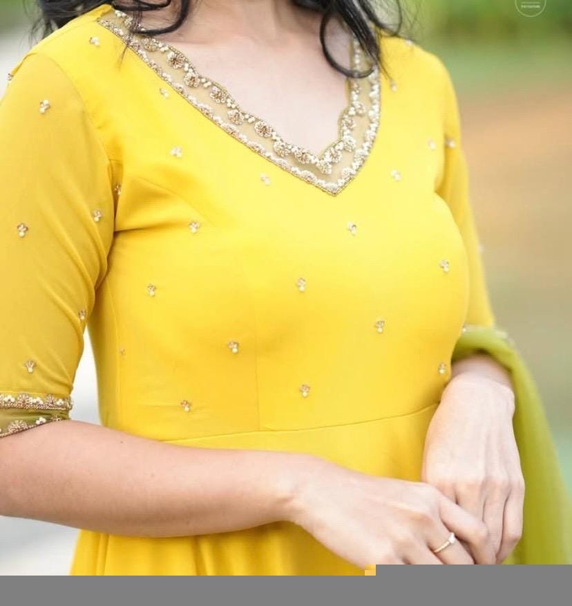 Hand Embroidered Lemon Yellow Anarkali Suit: Georgette Indian Dress,Indian dress,haldi outfit,hand embroidered anarkali dress,yellow kurta