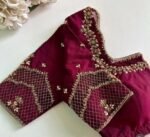 Hand Embroidered Silk Saree Blouse: Plum Zardosi Maggam