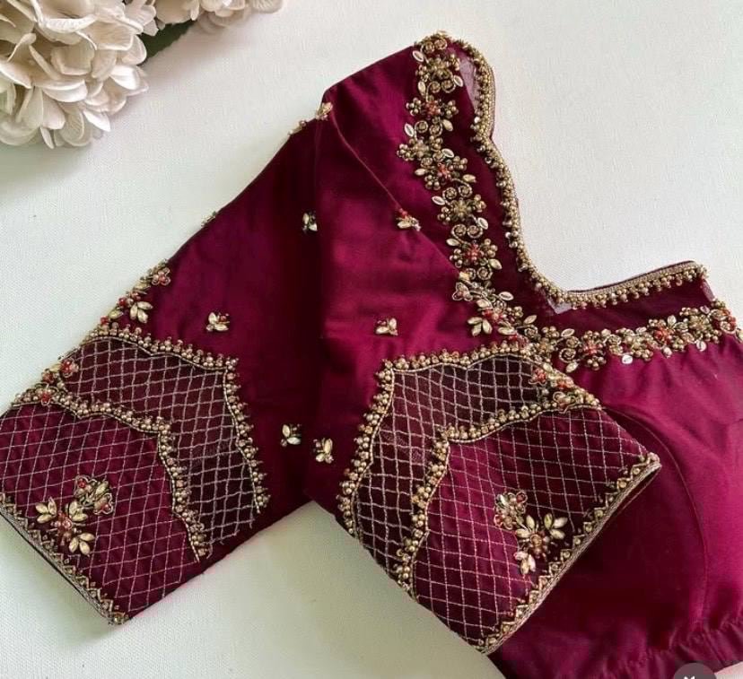 Hand Embroidered Silk Saree Blouse: Plum Zardosi Maggam