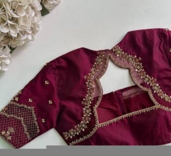 Hand Embroidered Silk Saree Blouse: Plum Zardosi Maggam
