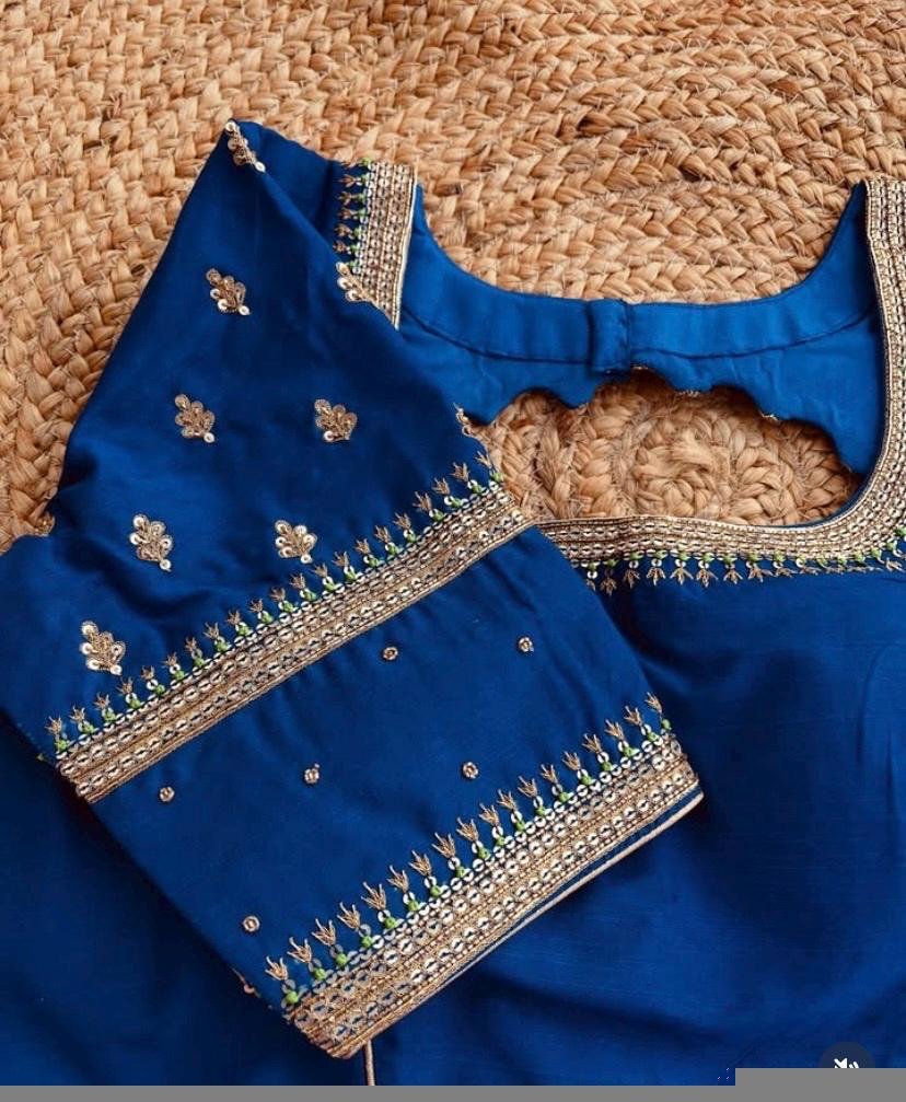 Blue Silk Hand Embroidered Blouse: Zardosi Maggam hand Work, blue maggam blouse,mix and match blosue,plus size blouse,royal blue blouse usa,