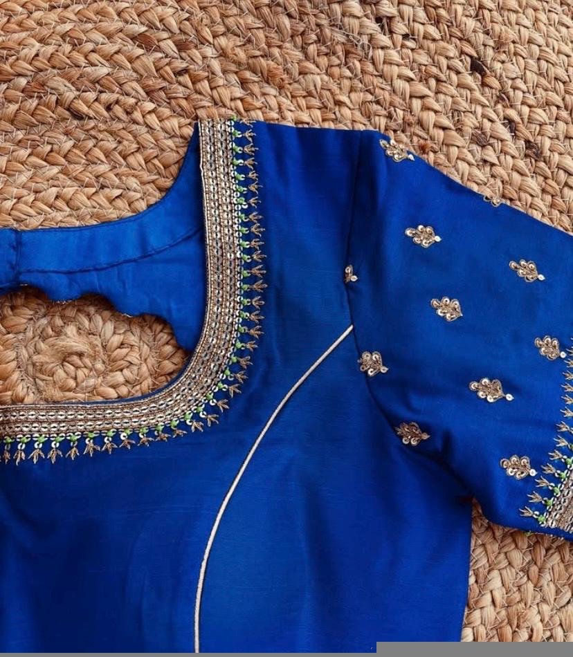 Blue Silk Hand Embroidered Blouse: Zardosi Maggam hand Work, blue maggam blouse,mix and match blosue,plus size blouse,royal blue blouse usa,