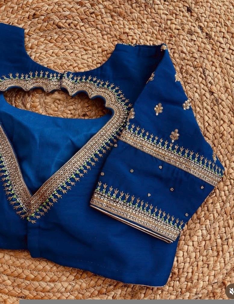 Blue Silk Hand Embroidered Blouse: Zardosi Maggam hand Work, blue maggam blouse,mix and match blosue,plus size blouse,royal blue blouse usa,