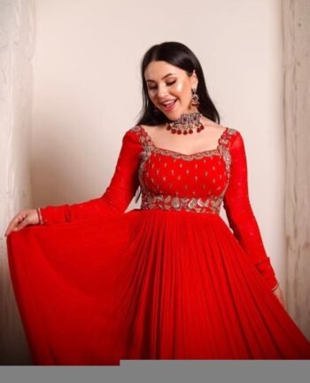 Hand Embroidered Red Anarkali Dress: Chanderi Silk Suit with Dupatta,red anarkali dress, Indian kurta set,handwork kurta,plus size kurta