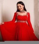 Hand Embroidered Red Anarkali Dress: Chanderi Silk Suit with Dupatta,red anarkali dress, Indian kurta set,handwork kurta,plus size kurta USA
