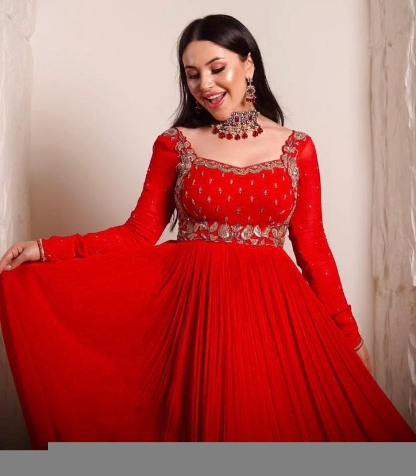 Hand Embroidered Red Anarkali Dress: Chanderi Silk Suit with Dupatta,red anarkali dress, Indian kurta set,handwork kurta,plus size kurta USA