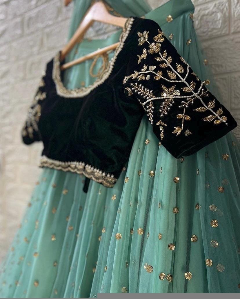Women’s lehenga set/green crop top lehenga/green crop top skirt USA/wedding lehenga USA/velvet tull lehenga silk skirt/lehenga choli set usa