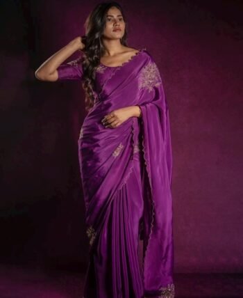 Purple hand work saree with blouse|purple embroidered saree with ready blouse|purpleheavy blouse|embroidered blouse with saree|scallop saree
