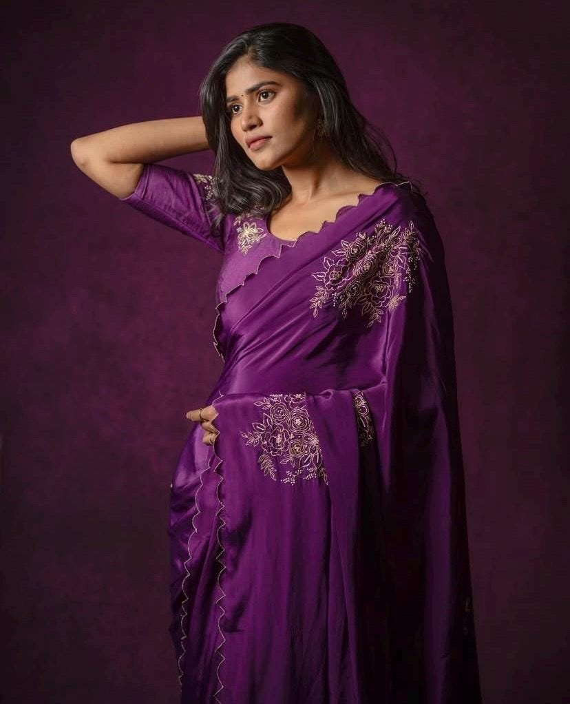 Purple hand work saree with blouse|purple embroidered saree with ready blouse|purpleheavy blouse|embroidered blouse with saree|scallop saree