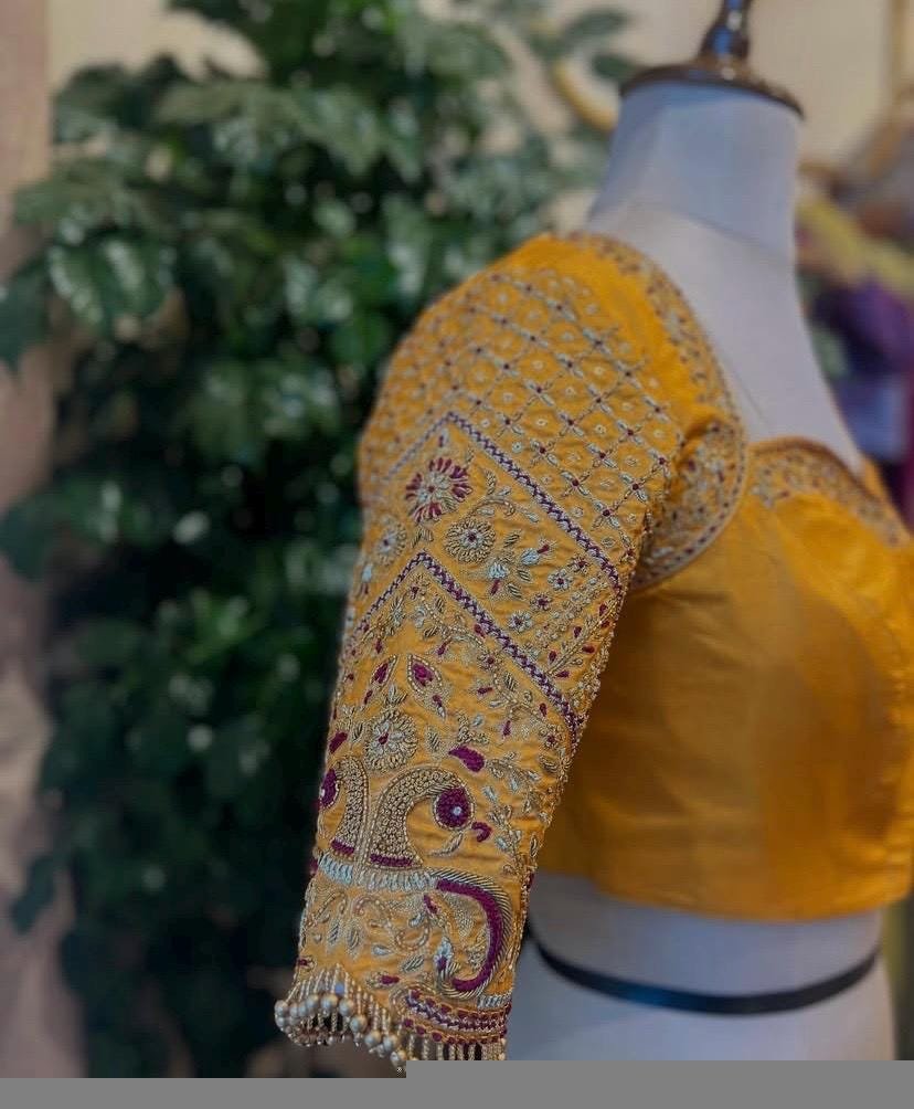 pure silk hand embroidery blouse/saree maggam yellow blouse/yellow blouse/heavy hand embroidered blouse/ready made blouse zardosi/voggish us