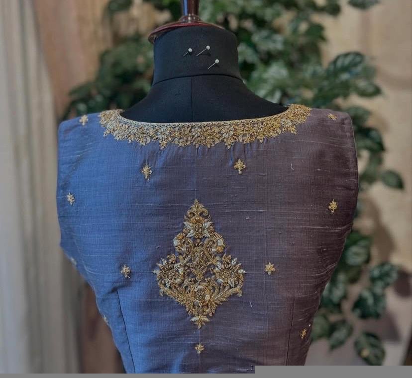 Gray Raw Silk Saree Blouse: Hand Embroidered Zardosi Crop Top