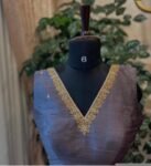 Gray Raw Silk Saree Blouse: Hand Embroidered Zardosi Crop Top