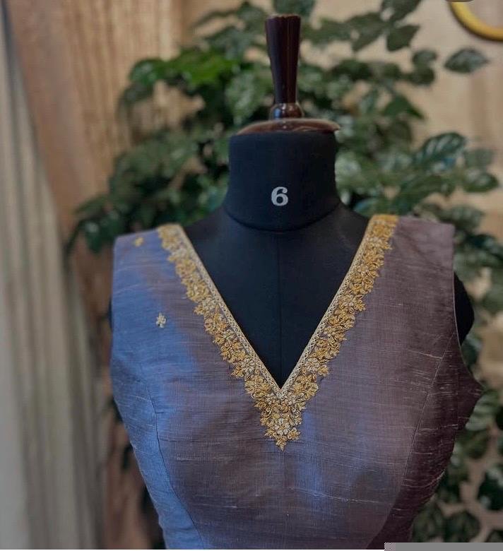 Gray Raw Silk Saree Blouse: Hand Embroidered Zardosi Crop Top
