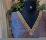 Gray Raw Silk Saree Blouse: Hand Embroidered Zardosi Crop Top