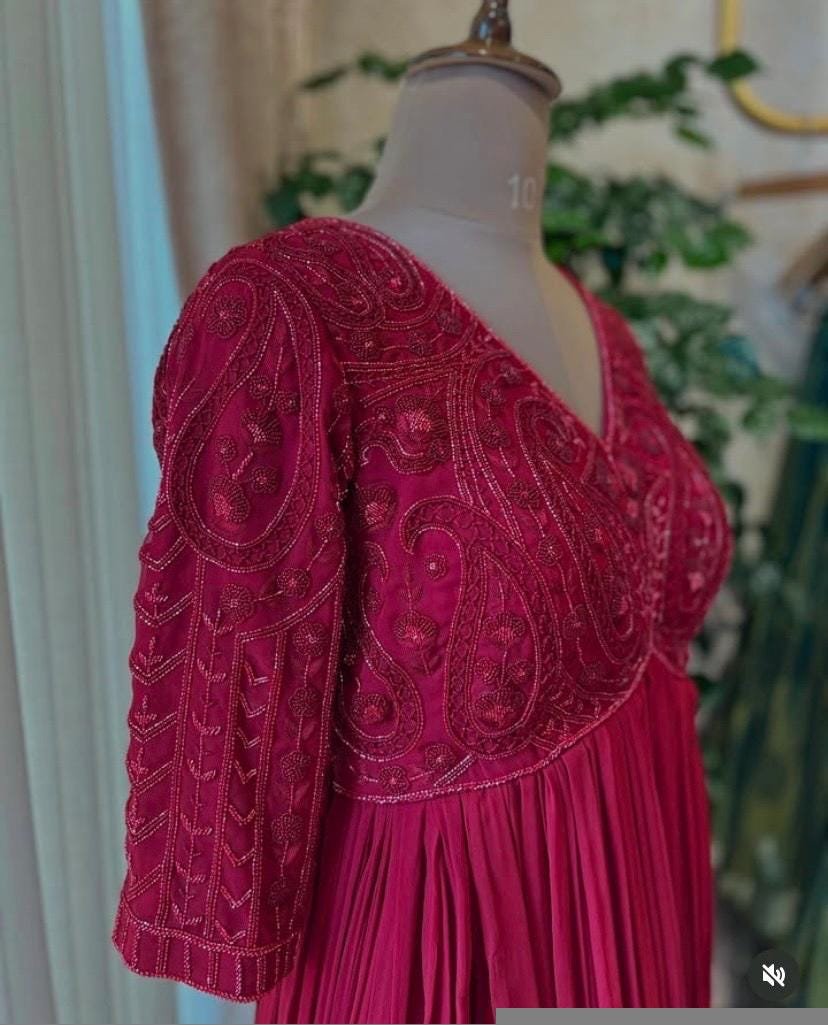 Anarkali suit usa/pink anarkali kurta elbow sleeve/pink heavy anarkali/coral pink anarkali/heavy hand embroidered anarkali with dupatta usa