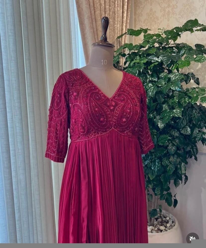Anarkali suit usa/pink anarkali kurta elbow sleeve/pink heavy anarkali/coral pink anarkali/heavy hand embroidered anarkali with dupatta usa