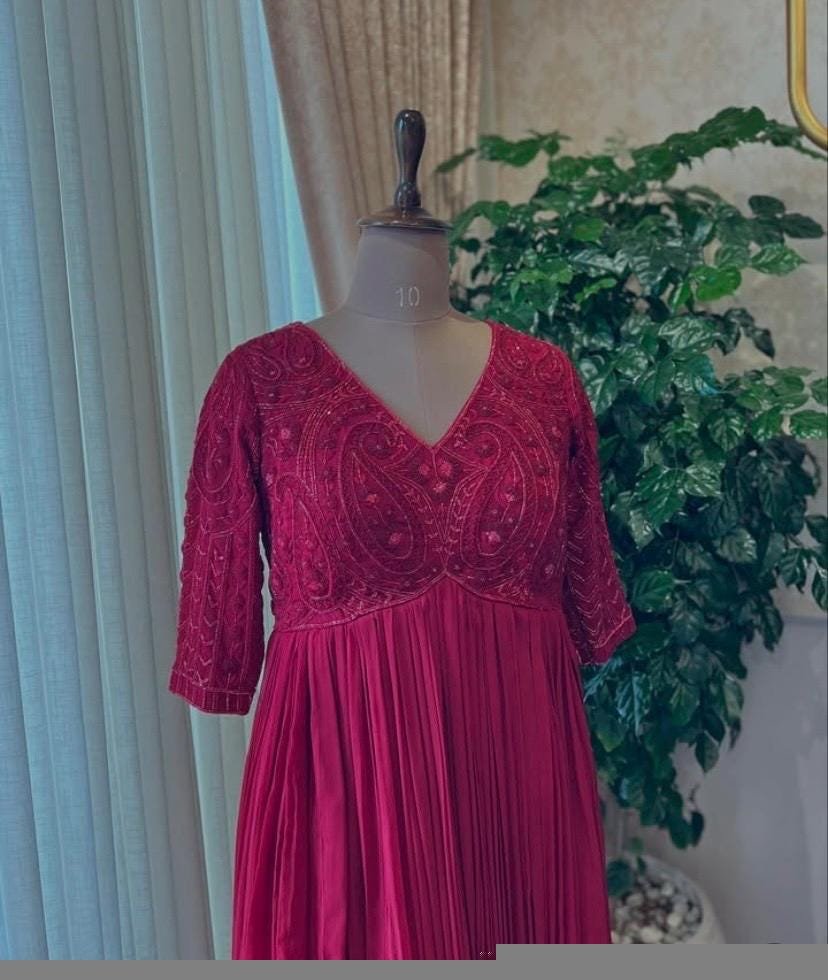 Anarkali suit usa/pink anarkali kurta elbow sleeve/pink heavy anarkali/coral pink anarkali/heavy hand embroidered anarkali with dupatta usa