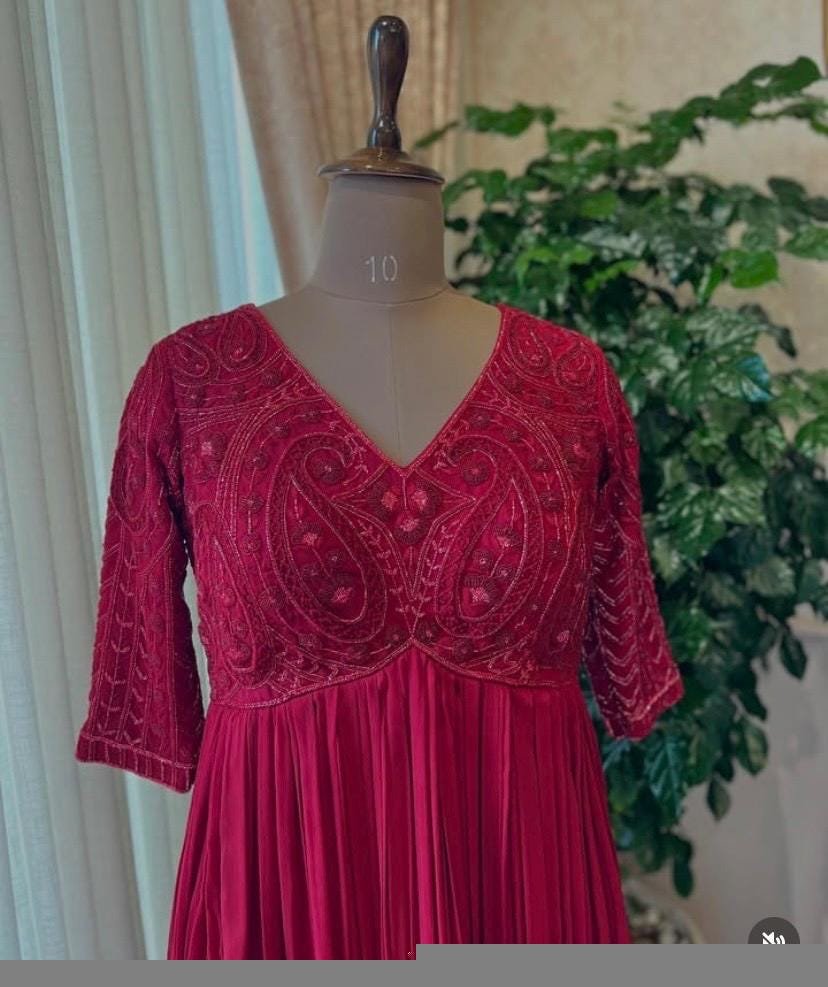 Anarkali suit usa/pink anarkali kurta elbow sleeve/pink heavy anarkali/coral pink anarkali/heavy hand embroidered anarkali with dupatta usa