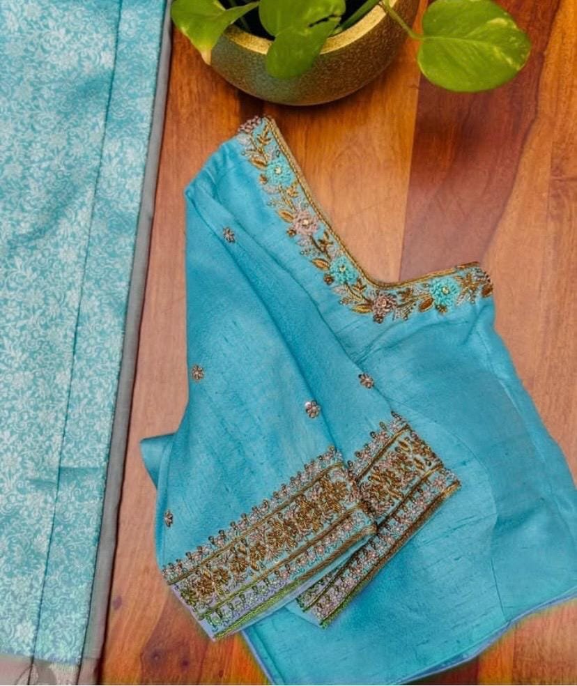 Hand Embroidered Silk Blouse: Turquoise Blue Maggam Work, Elbow Sleeve,blue maggam blouse,mix and match blouse,plus size blouses,handwork