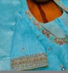 Hand Embroidered Silk Blouse: Turquoise Blue Maggam Work, Elbow Sleeve,blue maggam blouse,mix and match blouse,plus size blouses,handwork