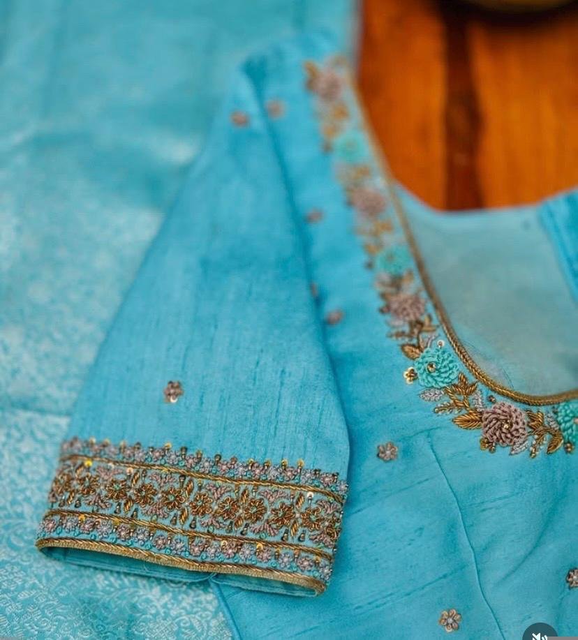 Hand Embroidered Silk Blouse: Turquoise Blue Maggam Work, Elbow Sleeve,blue maggam blouse,mix and match blouse,plus size blouses,handwork