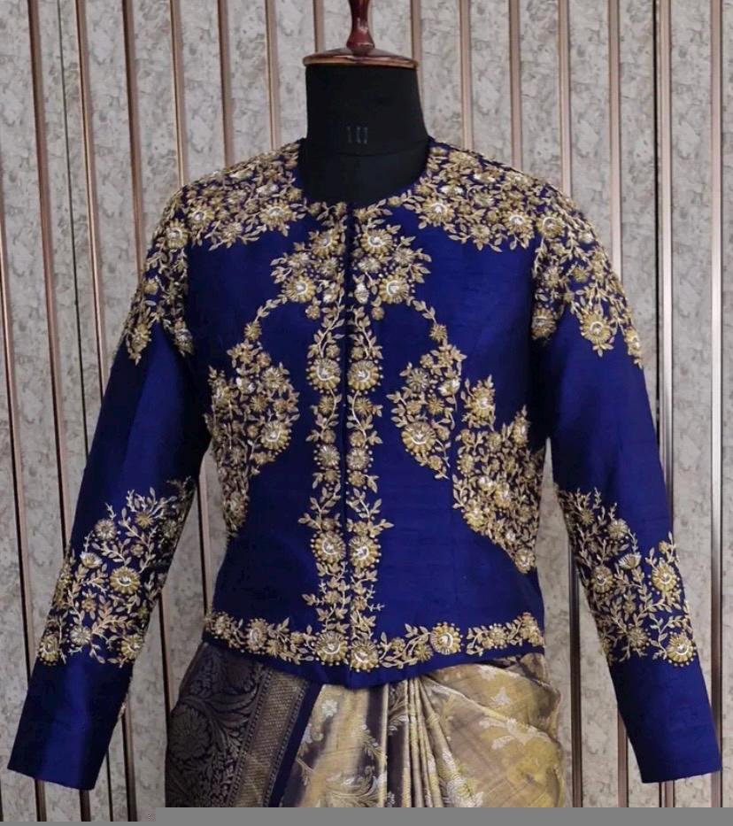 blue hand embroidery long blouse/saree maggam blouse/pure silk zardosi blouse/blue hand embroidered blouse/heavy maggam full sleeve blouse
