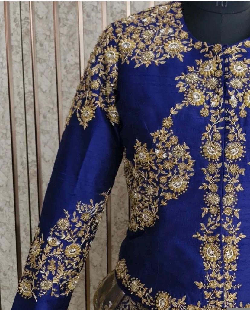blue hand embroidery long blouse/saree maggam blouse/pure silk zardosi blouse/blue hand embroidered blouse/heavy maggam full sleeve blouse