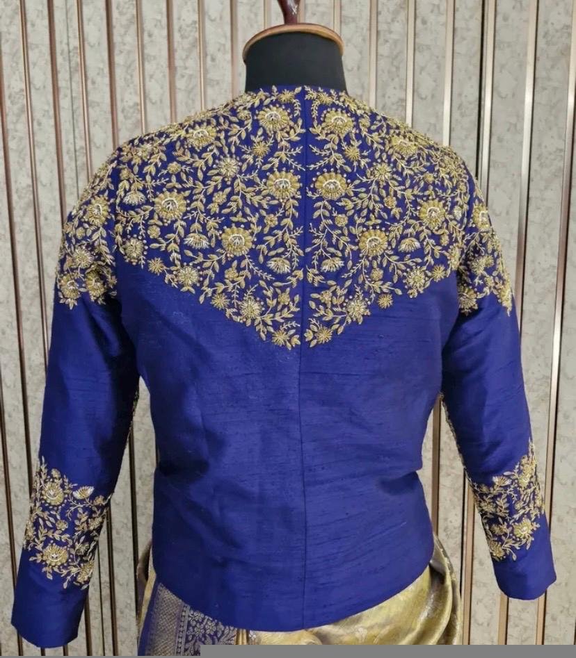 blue hand embroidery long blouse/saree maggam blouse/pure silk zardosi blouse/blue hand embroidered blouse/heavy maggam full sleeve blouse