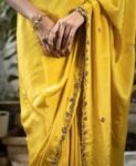 Yellow Crepe Silk Saree: Hand Embroidered Blouse, Haldi Outfit,Orange saree,haldi saree,soft yellow saree with blouse,yellow crepe saree