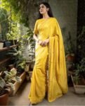 Yellow Crepe Silk Saree: Hand Embroidered Blouse, Haldi Outfit,Orange saree,haldi saree,soft yellow saree with blouse,yellow crepe saree