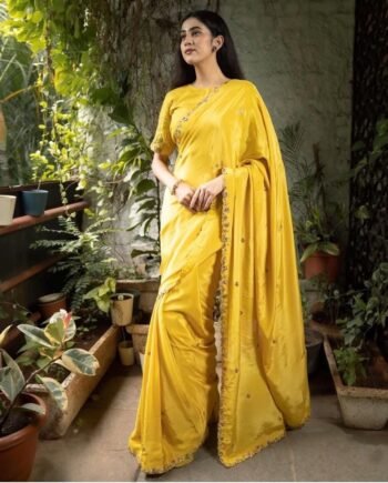 Yellow Crepe Silk Saree: Hand Embroidered Blouse, Haldi Outfit,Orange saree,haldi saree,soft yellow saree with blouse,yellow crepe saree