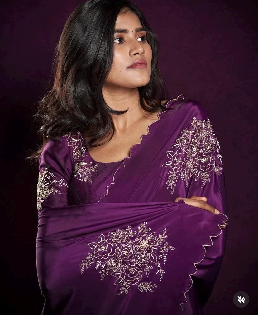 Purple hand work saree with blouse|purple embroidered saree with ready blouse|purpleheavy blouse|embroidered blouse with saree|scallop saree