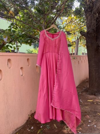 Hand Embroidered Pink Tissue Anarkali Suit with Dupatta
