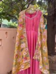 Hand Embroidered Pink Tissue Anarkali Suit with Floral Dupatta