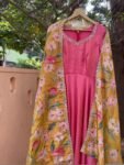 Hand Embroidered Pink Tissue Anarkali Suit with Floral Dupatta