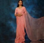 Peach Organza Silk Saree: Hand Embroidered Blouse, Traditional Sari