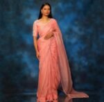 Peach Organza Silk Saree: Hand Embroidered Blouse, Traditional Sari