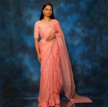 Peach Organza Silk Saree: Hand Embroidered Blouse, Traditional Sari