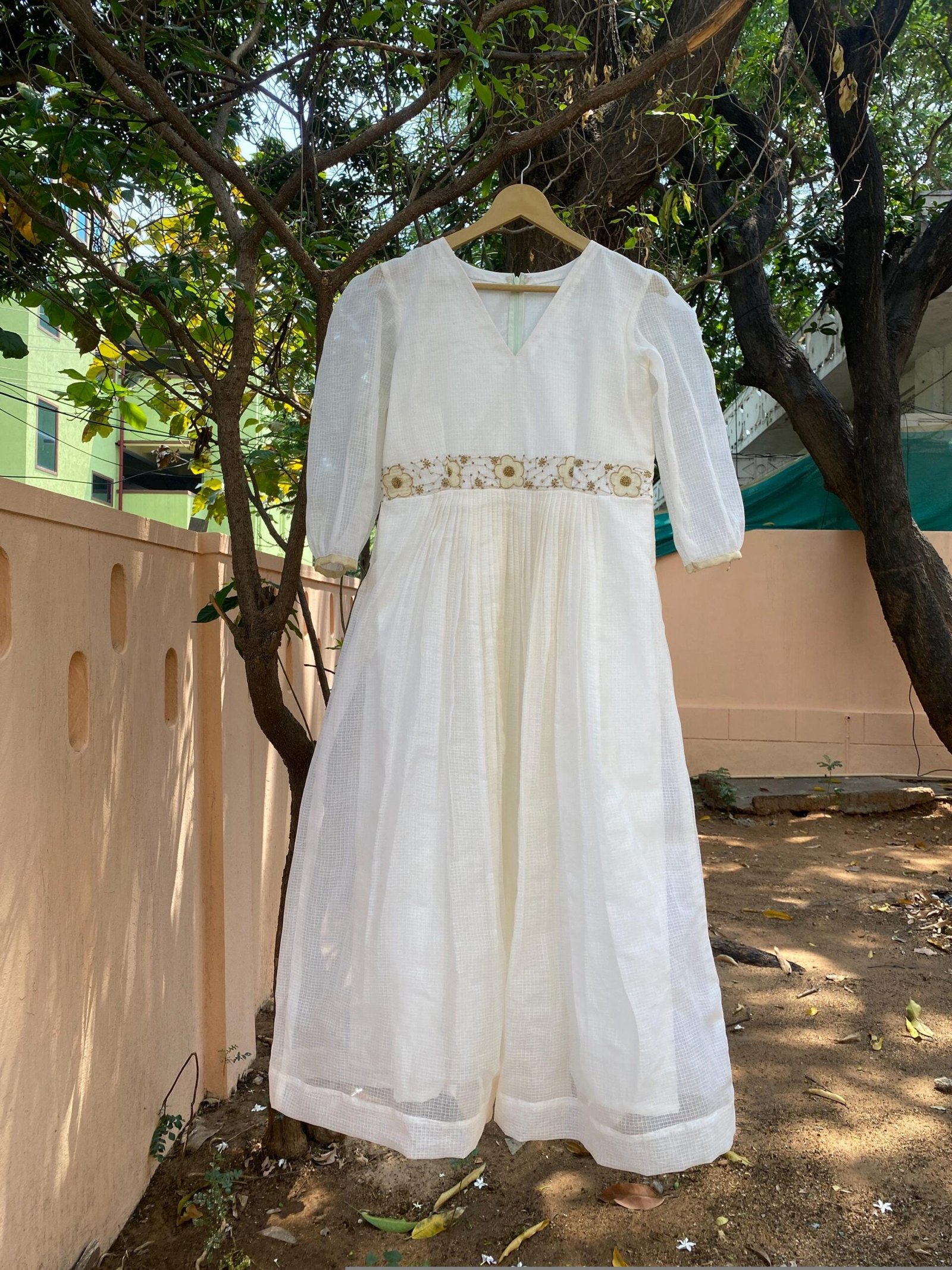 Hand Embroidered Kota Cotton Anarkali Dress: Cream Indian Dress
