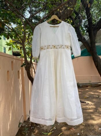 Hand Embroidered Kota Cotton Anarkali Dress: Cream Indian Dress