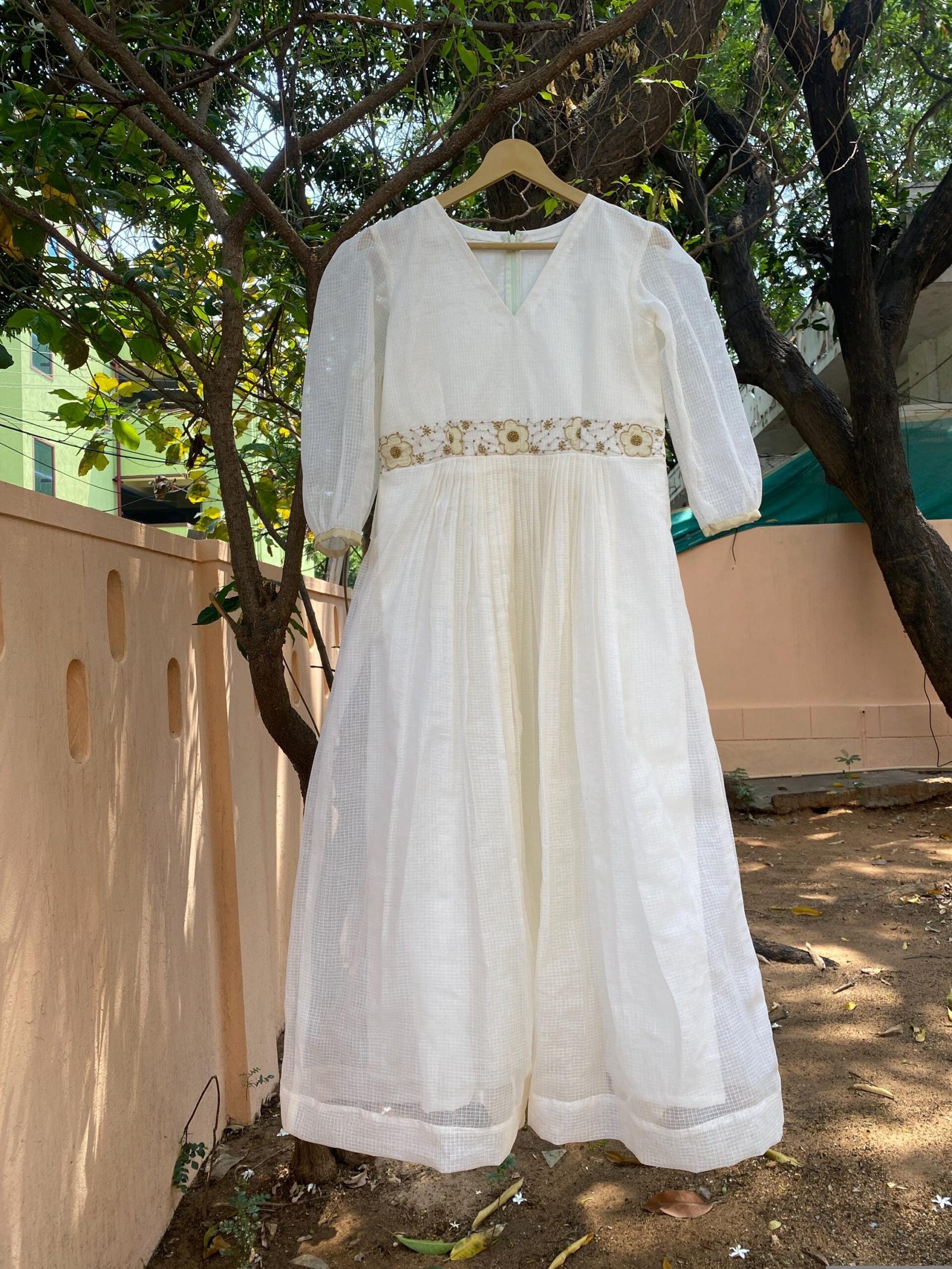 Hand Embroidered Kota Cotton Anarkali Dress: Cream Indian Dress