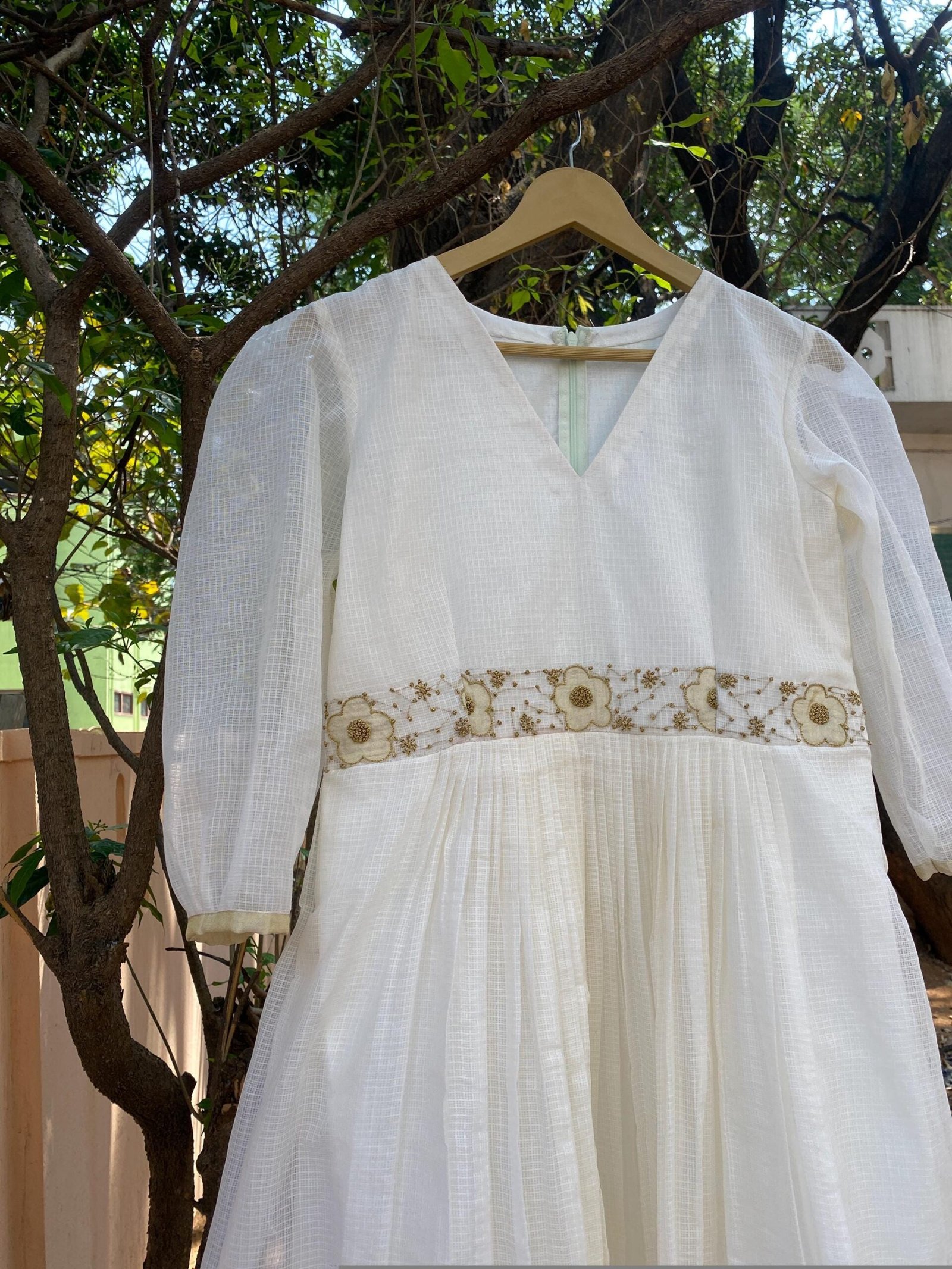 Hand Embroidered Kota Cotton Anarkali Dress: Cream Indian Dress