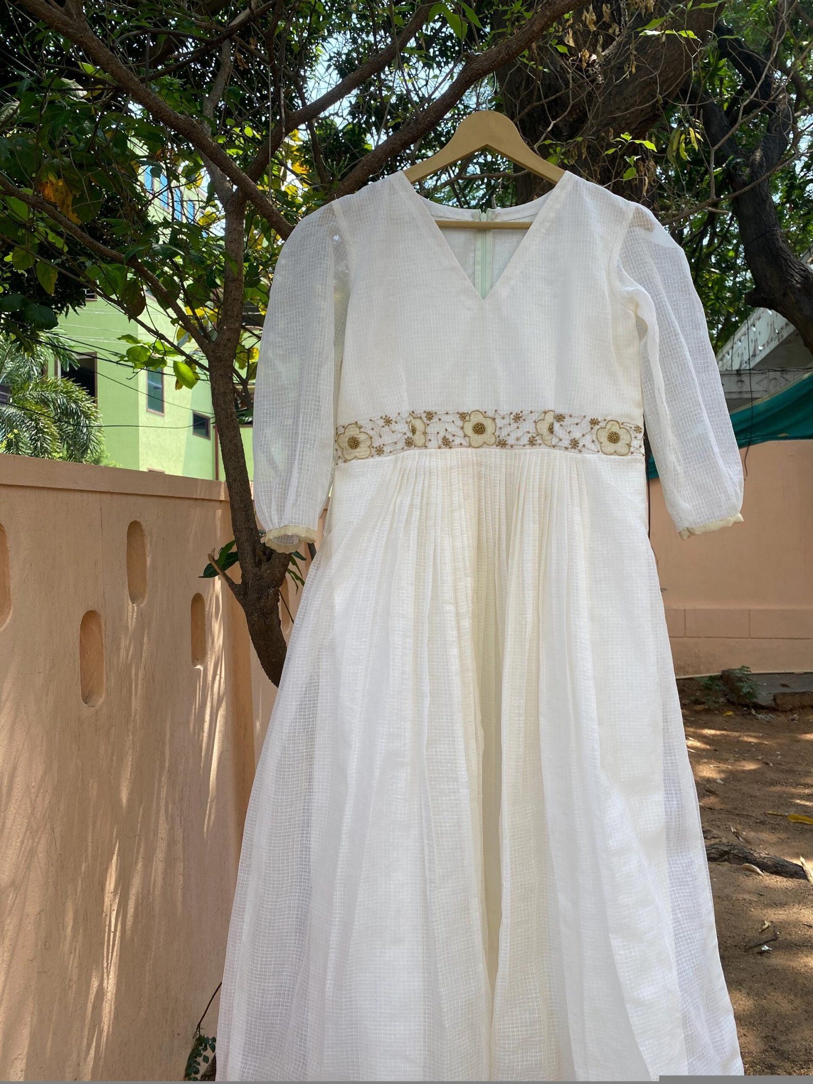Hand Embroidered Kota Cotton Anarkali Dress: Cream Indian Dress